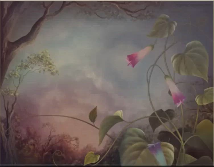 This may contain: a painting of a hummingbird flying over pink flowers