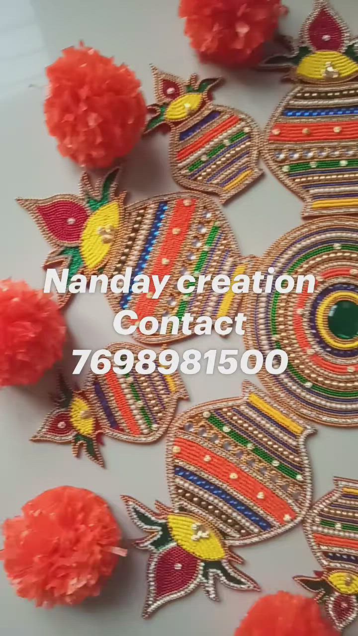 This may contain: an image of some colorful decorations on a white surface with text that reads nanday creation contact, 7 / 09 / 2013