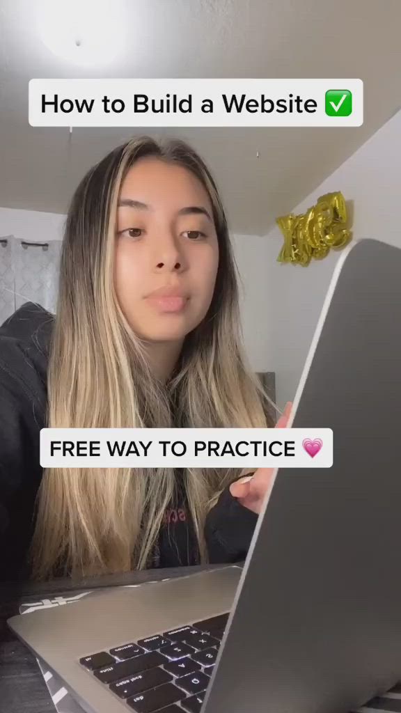 This may contain: a woman is on her laptop with the text how to build a website free way to practice