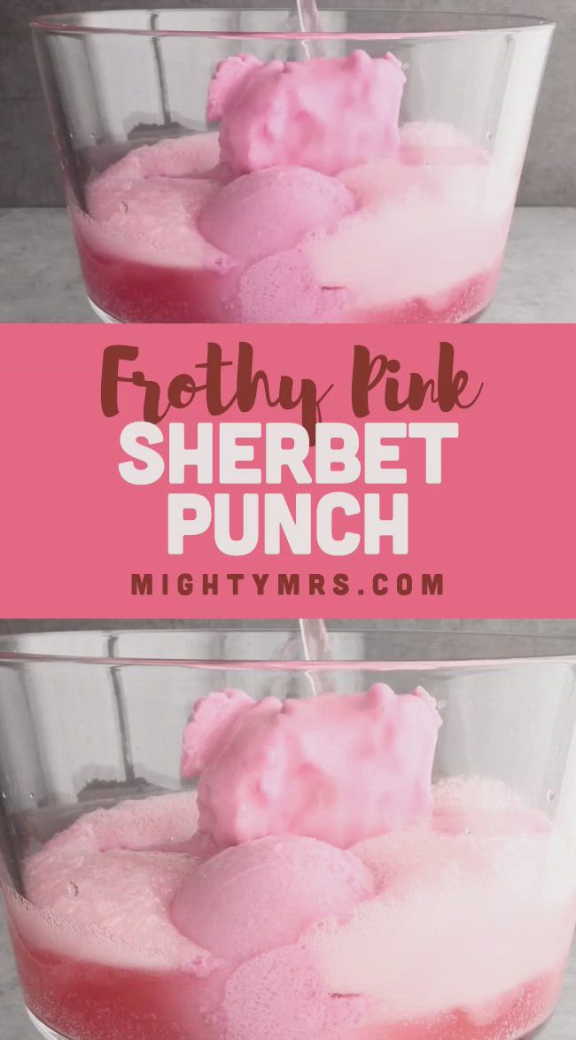 This may contain: two glasses filled with pink sherbet punch