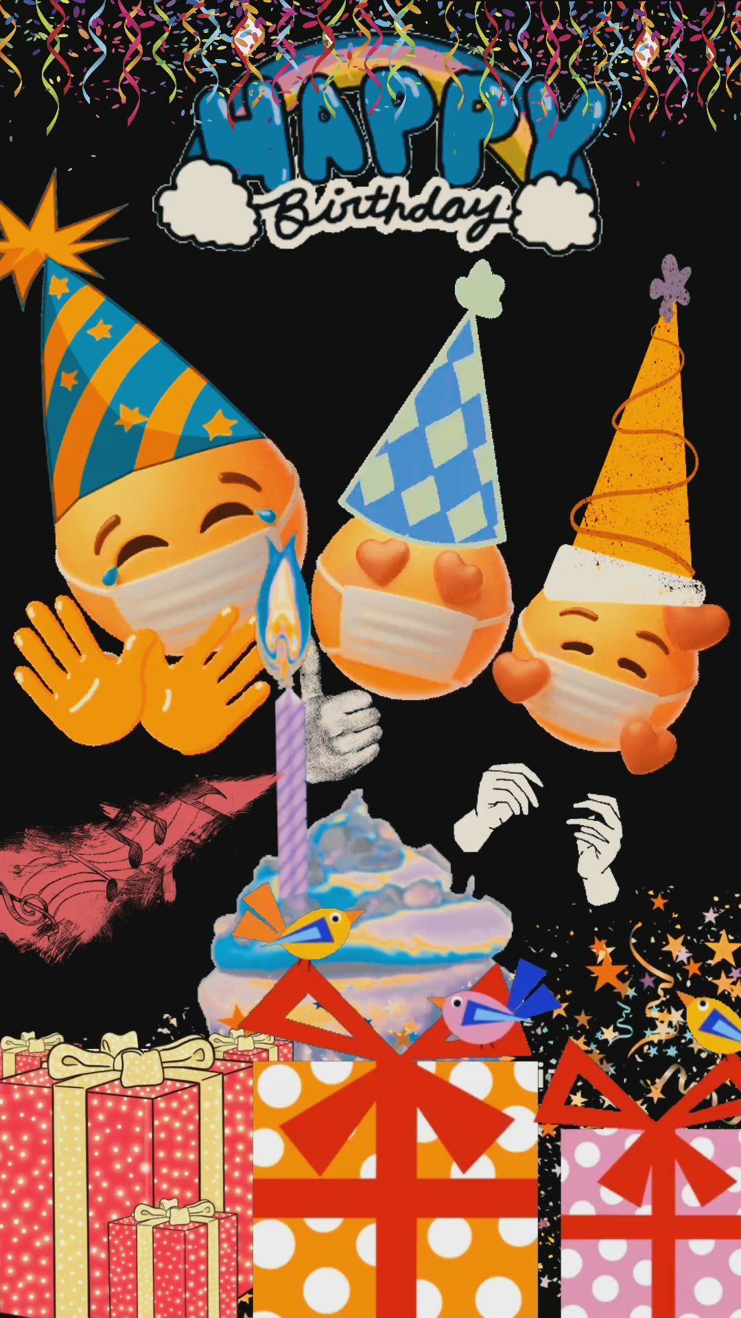 This may contain: a birthday card with two clowns and presents on it's side, in front of a black background that says happy birthday