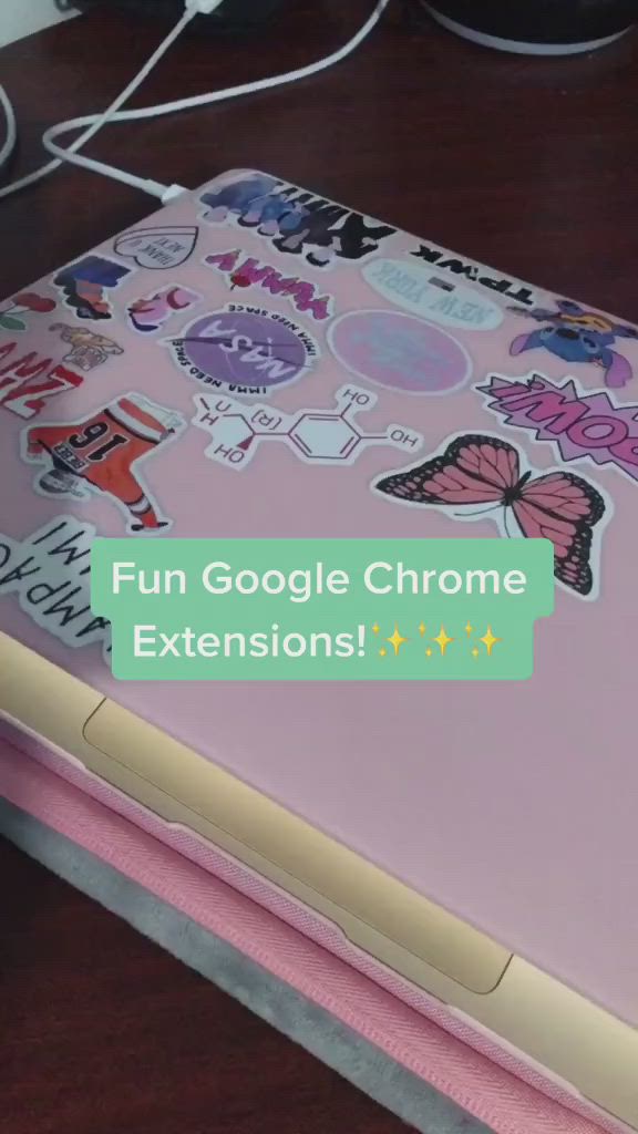 This may contain: a pink laptop with stickers on it and the words fun google chrome extensions written below