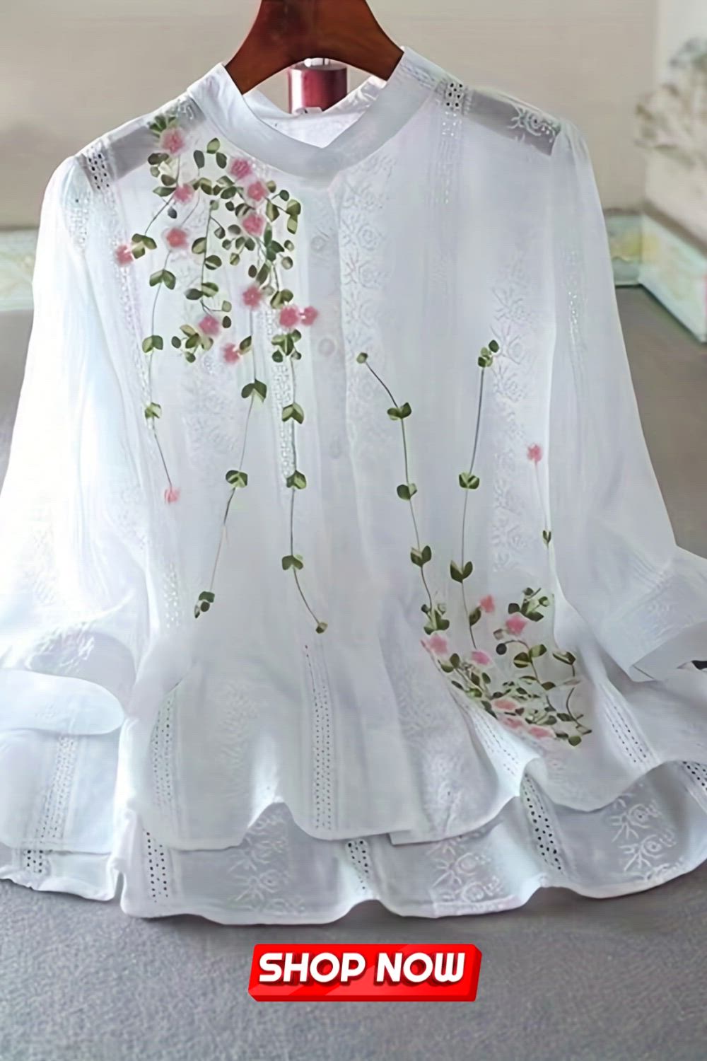 Eyelet Floral Blouse, Elegant Button Front Blouse