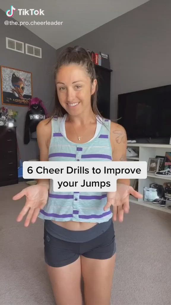 This may contain: a young woman is smiling and holding her arms out in front of the camera with text that reads, 6 cheer drills to improve your jumps