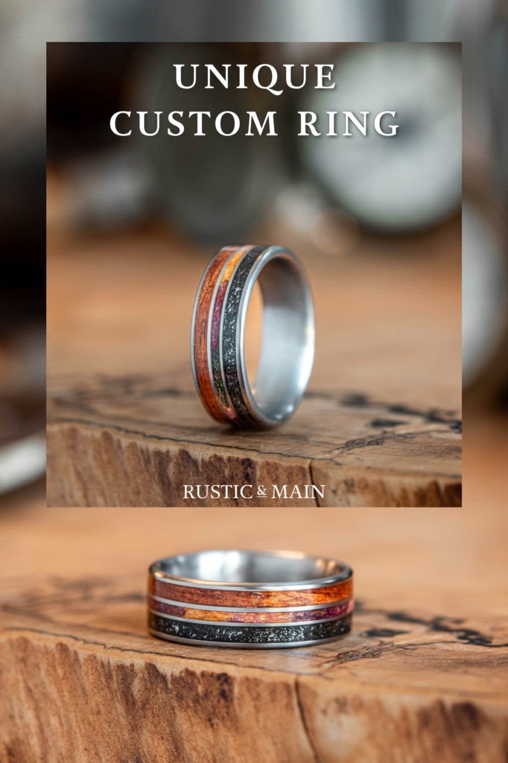 This contains: custom-titanium-ring-meteorite-hawaiian-koa-wood-customer-provided-flower-rustic-and-main