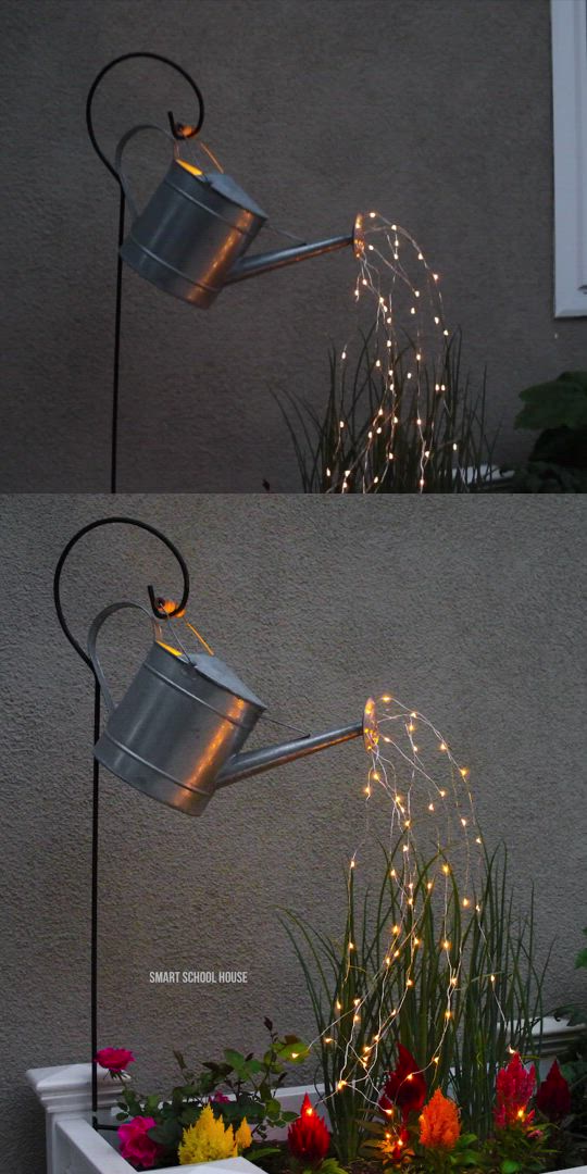 This contains: video of a watering can with lights for yard decor