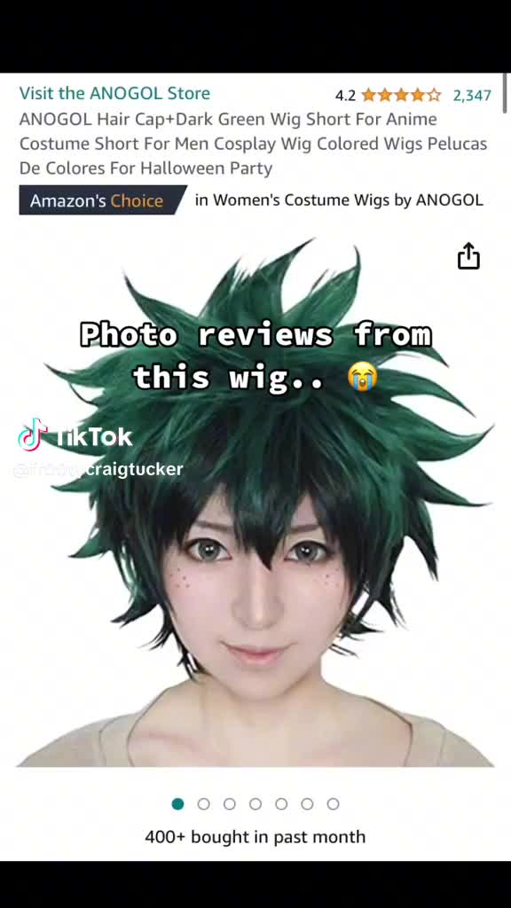 This may contain: an image of a woman with green hair on her head and the caption reads, photo review from this wig