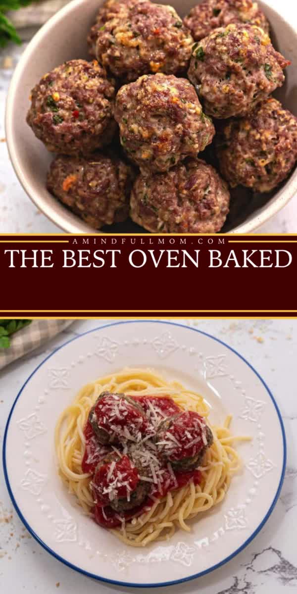 This contains: Relive your collection of simple dinner ideas with the best oven baked meatballs! This easy meatball recipe is made with the perfect blend of seasonings and baked in broth. The result? Tender and juicy baked meatballs with a crispy exterior! So good!