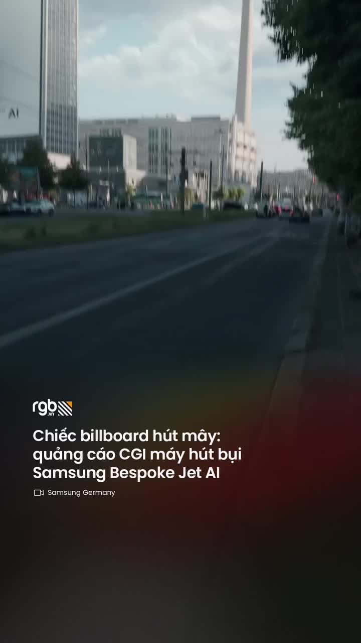 This may contain: an advertisement for samsung's new smart phone is shown in the foreground, with buildings and clouds in the background