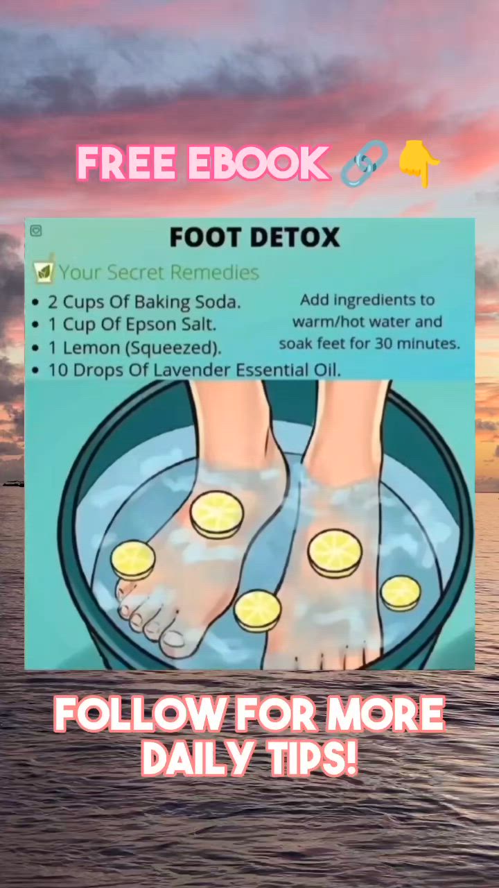 Rejuvenate and Cleanse with our Foot Detox Soak: Natural DIY Remedy for Healthy Feet! Discover the power of foot detox with this easy DIY remedy! Our Foot Detox Soak combines the natural goodness of baking soda, Epsom salt, lemon, and lavender essential oil to rejuvenate and cleanse your feet. Immerse your tired feet in warm/hot water infused with this invigorating blend for 30 minutes of pure bliss. Enhance your well-being, promote relaxation, and support healthy feet with this secret remedy.