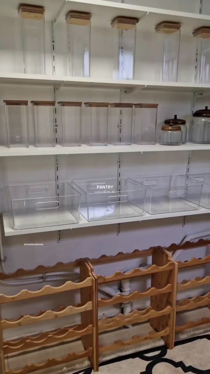 This may contain: the shelves are filled with clear plastic containers