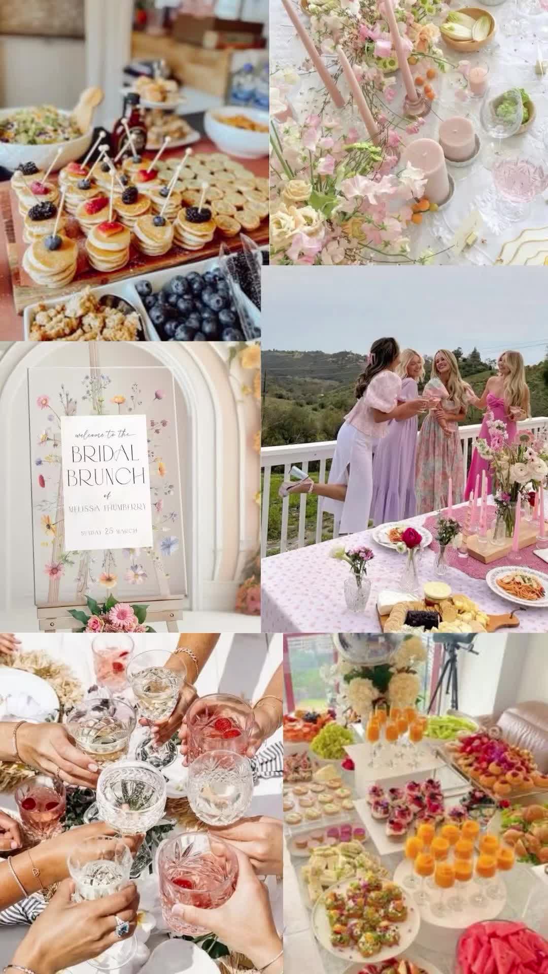 This may contain: a collage of photos with people serving food and desserts to guests at a wedding