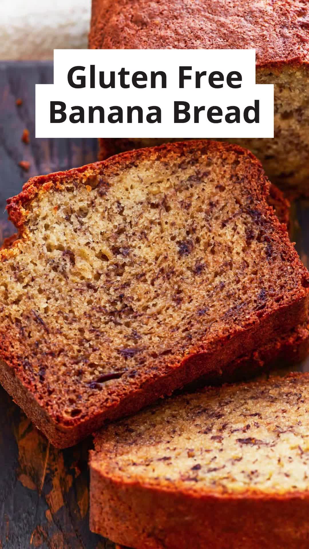 This may contain: slices of gluten free banana bread on a cutting board with text overlay