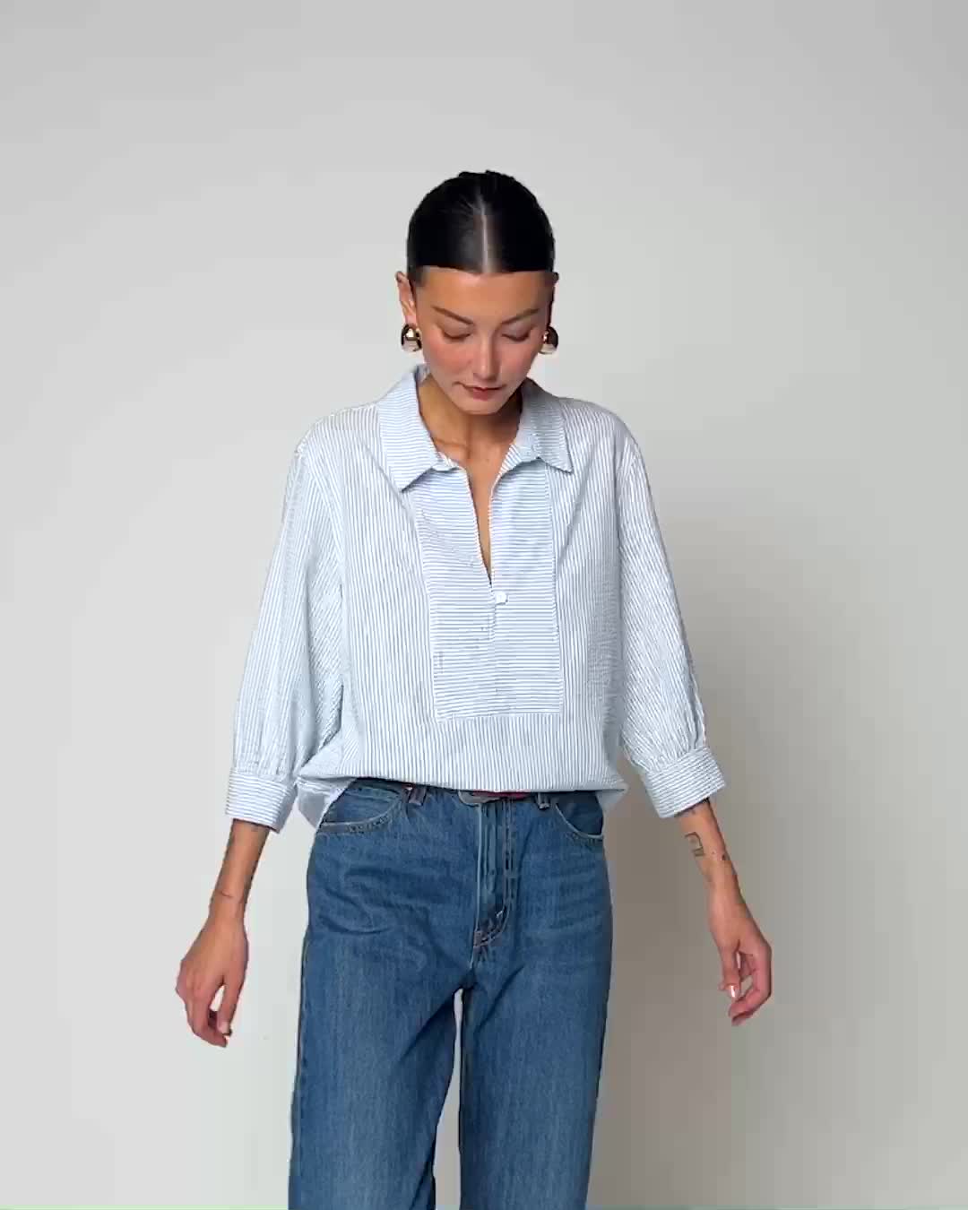 This dressed-up blouse has a casual open collar and an effortless fit, perfect for those days when you need to be ready for whatever. (This one comes in blue and white Mini Stripe.) | Women's Everlee Blouse Top in Mini Stripe | Ethical Essentials