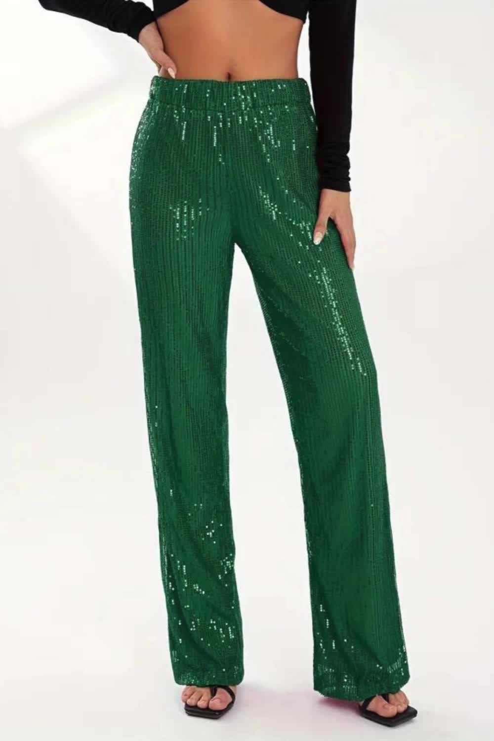 Sequined Sparkly Wide Leg Pants, Elegant High Waist Pants For Party & Club