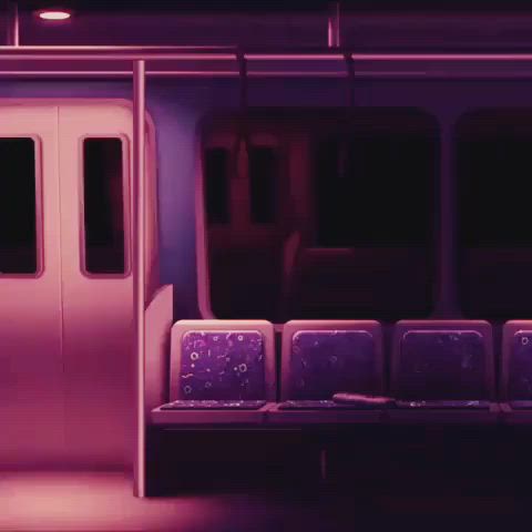 This may contain: an empty train car with the doors open and purple lights on it's sides