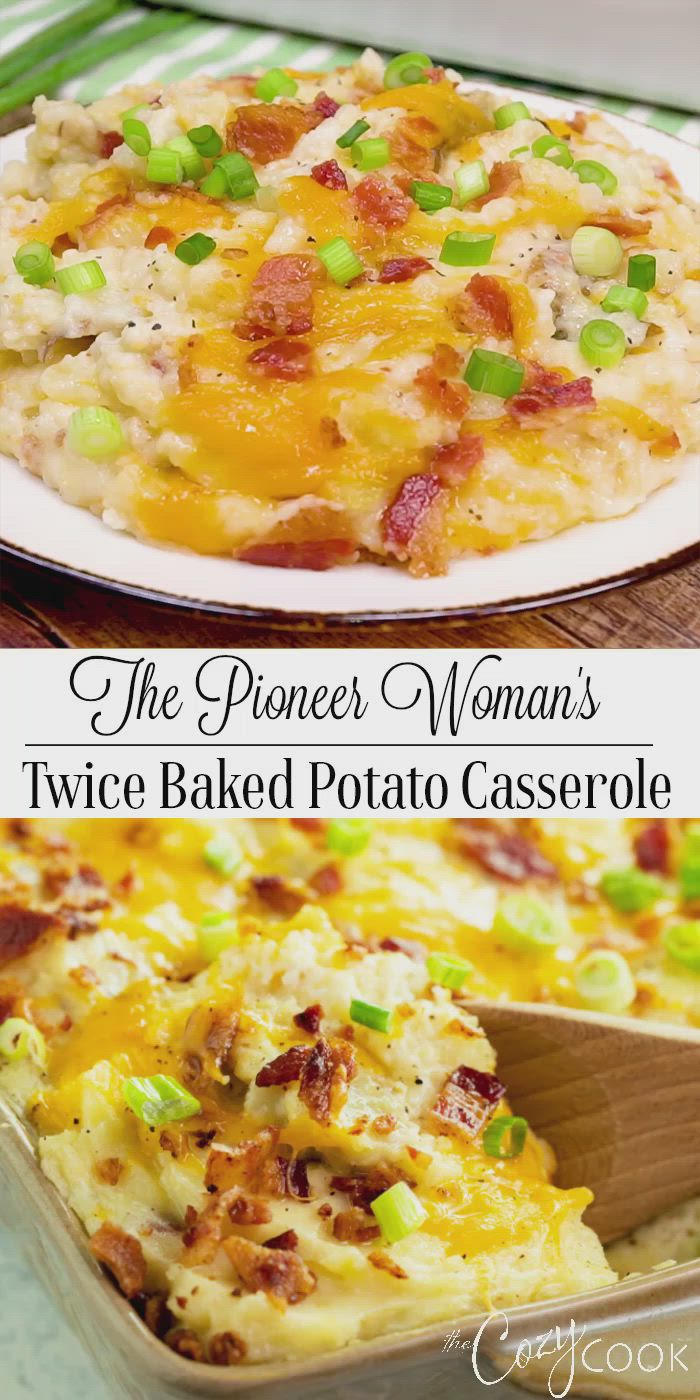 This may contain: two pictures of baked potato casserole with bacon and green onions on the side