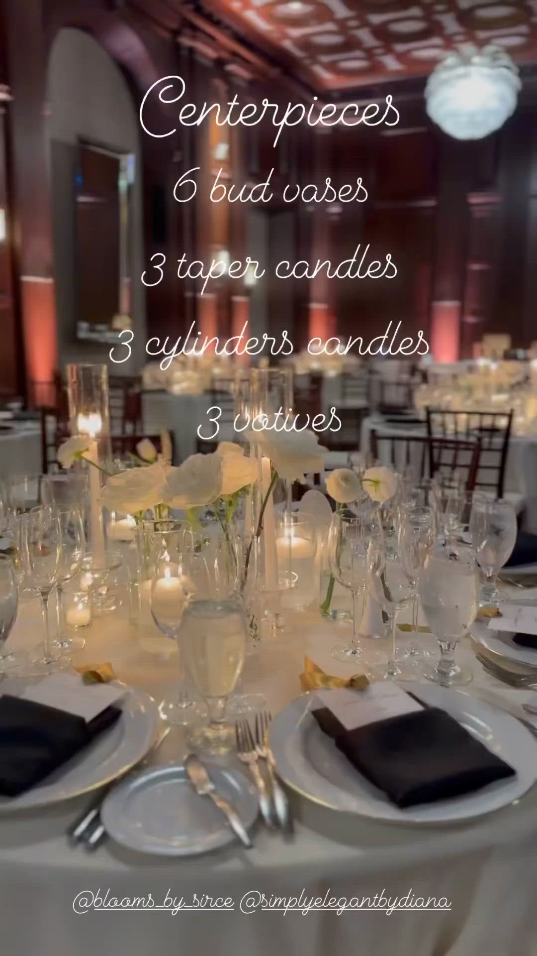 This may contain: an image of a table setting with white linens and place settings for the centerpieces