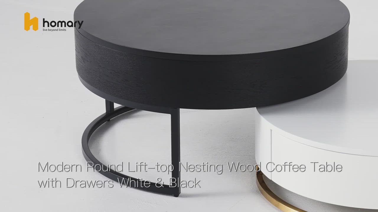 This may contain: the modern round coffee table with drawers is shown in black, white and gold colors