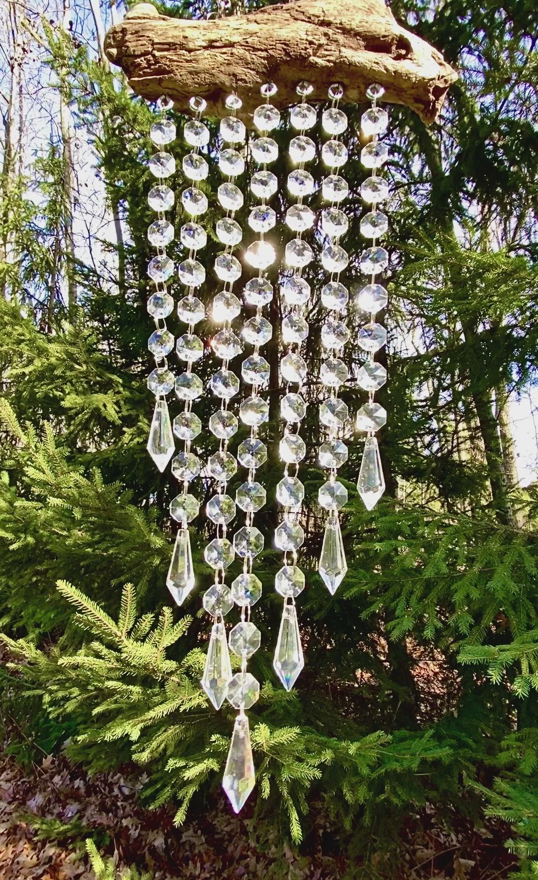 This may contain: a tree branch with some clear glass beads hanging from it's side in the woods