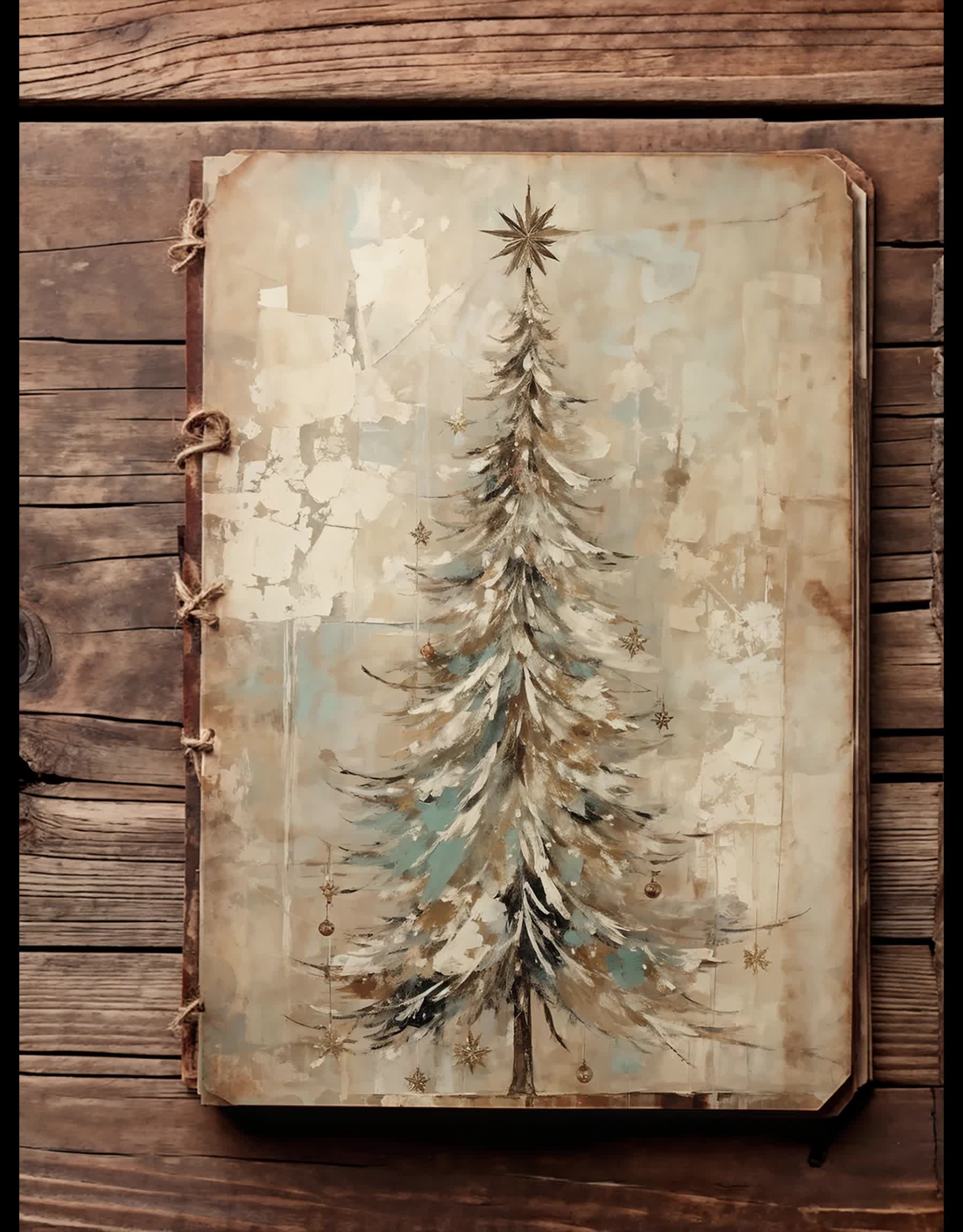 This may contain: an old book with a christmas tree painted on it