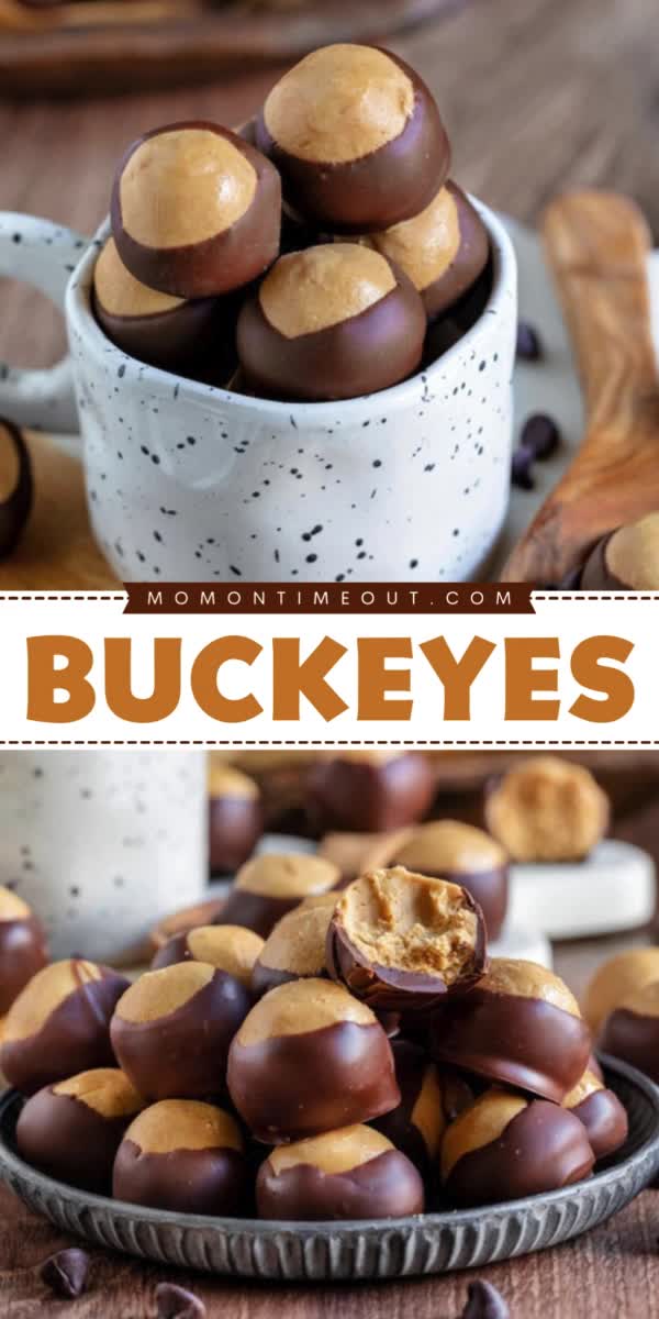 This contains: An easy dessert idea for any occasion! It's a simple no-bake recipe for buckeye candy. With a creamy, luscious center and a sweet chocolate coating, these peanut butter balls are a yummy treat!