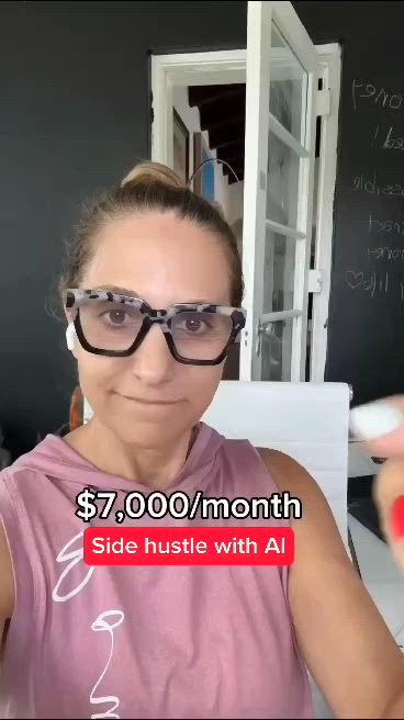 This may contain: a woman wearing glasses and holding a remote control in front of her face with the words $ 7 00 / month side hustle