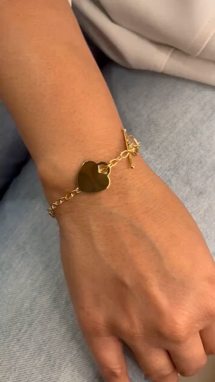 This contains: 14K Yellow Gold Toggle Clasp With Heart Charm, 14K Real Gold Toggle Clasp Oval 7.5" Heart Bracelet, 14K Gold 3.5mm Thick Women's Bracelet || ZoeyReedDesigns