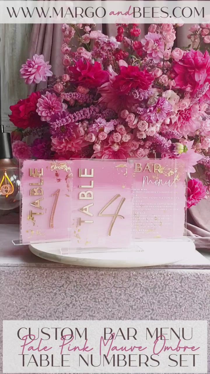 This contains: Pale Pink Ombre Mauve Acrylic Table Number, Dusty Rose Acrylic & gold Sign, Gold Plum Plexi Table Numbers, Luxury Purple Wedding Table Decor, 3D Wedding Signage