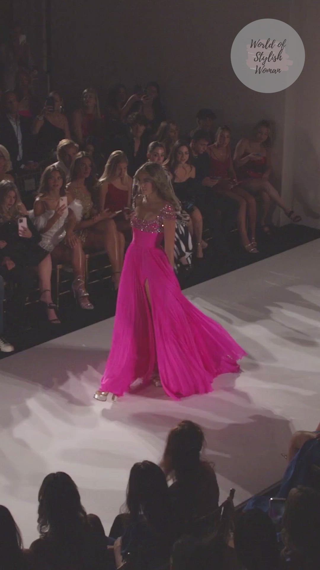 This contains: Soft Pink Slit A-Line Evening Maxi Dress / Prom Dress. Spring 2023 Collection. Runway Show by Sherri Hill.