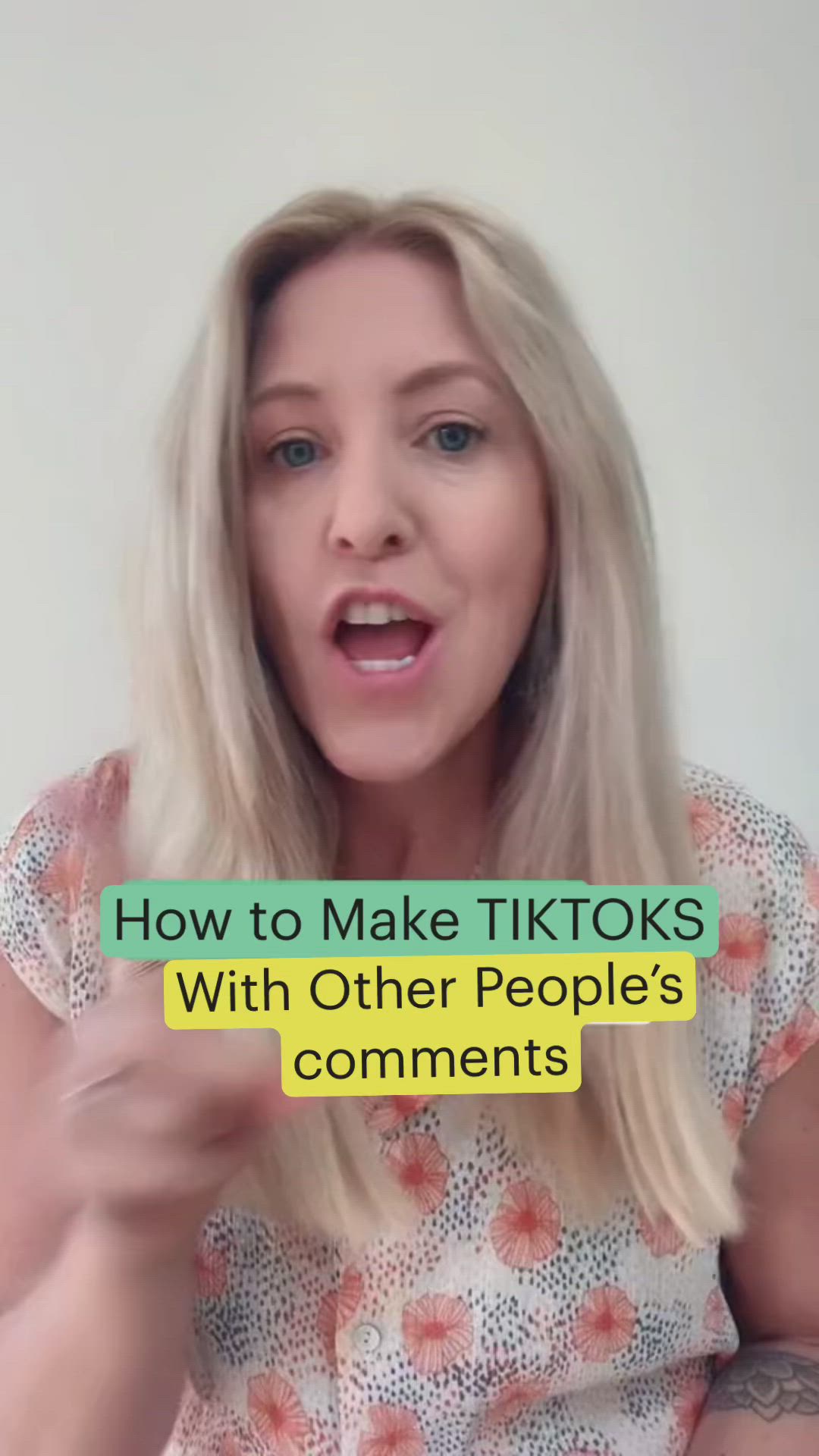 This may contain: a woman with long blonde hair and blue eyes smiles in front of a white background text reads how to make tiktoks with other people's comments