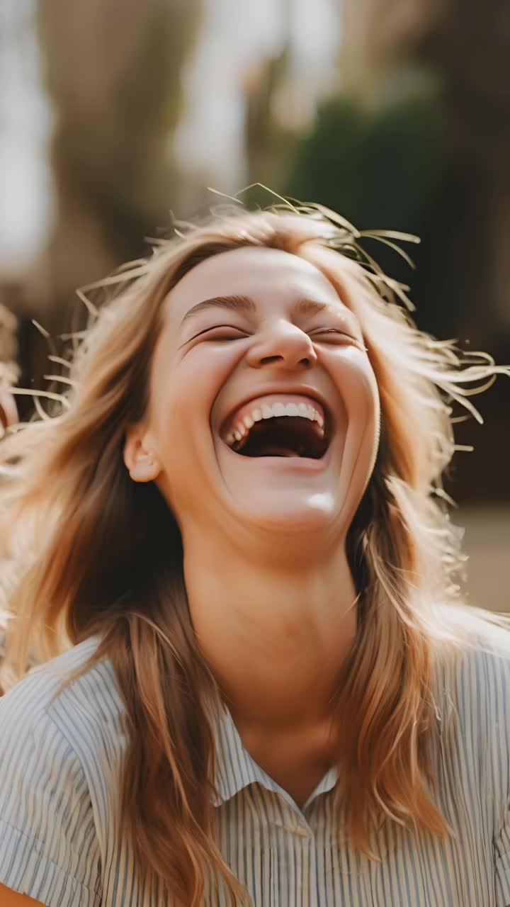 This may contain: a woman laughing with her eyes closed and hair blowing in the wind while she's wearing a striped shirt