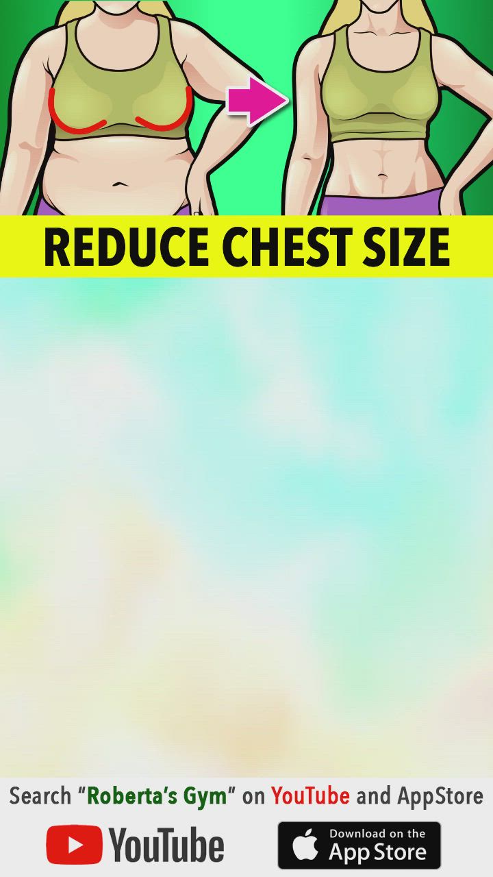 This may contain: two women in sports bras are shown with the words reduce chest size on them