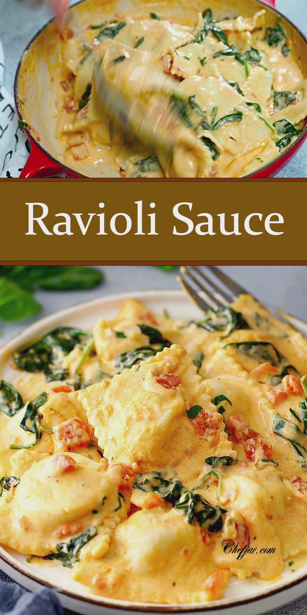 This contains: This easy ravioli sauce is easy to make and tastes fantastic! Use frozen, fresh, or homemade ravioli, and serve them with this awesome creamy tomato sauce.