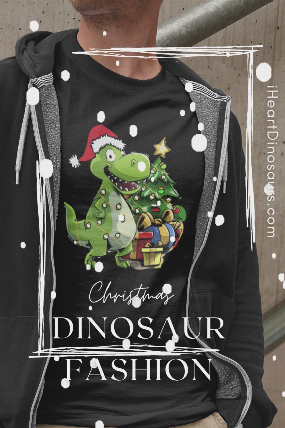 This may contain: a man wearing a christmas dinosaur shirt with the words, christmas dinosaur fashion on it