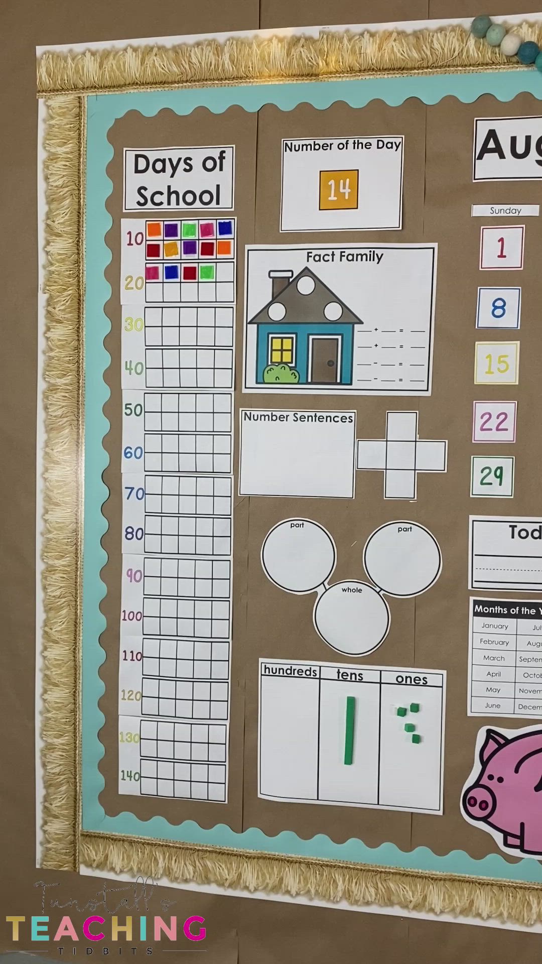 This may contain: a bulletin board with numbers, times and pictures for the school year to be displayed