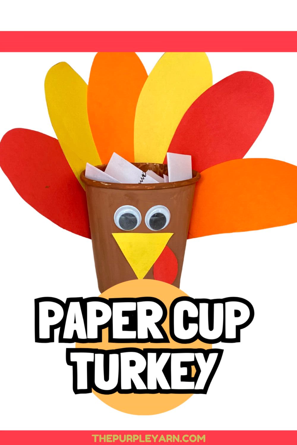 This may contain: a paper cup turkey with the words thanksgiving craft for kids on it's side