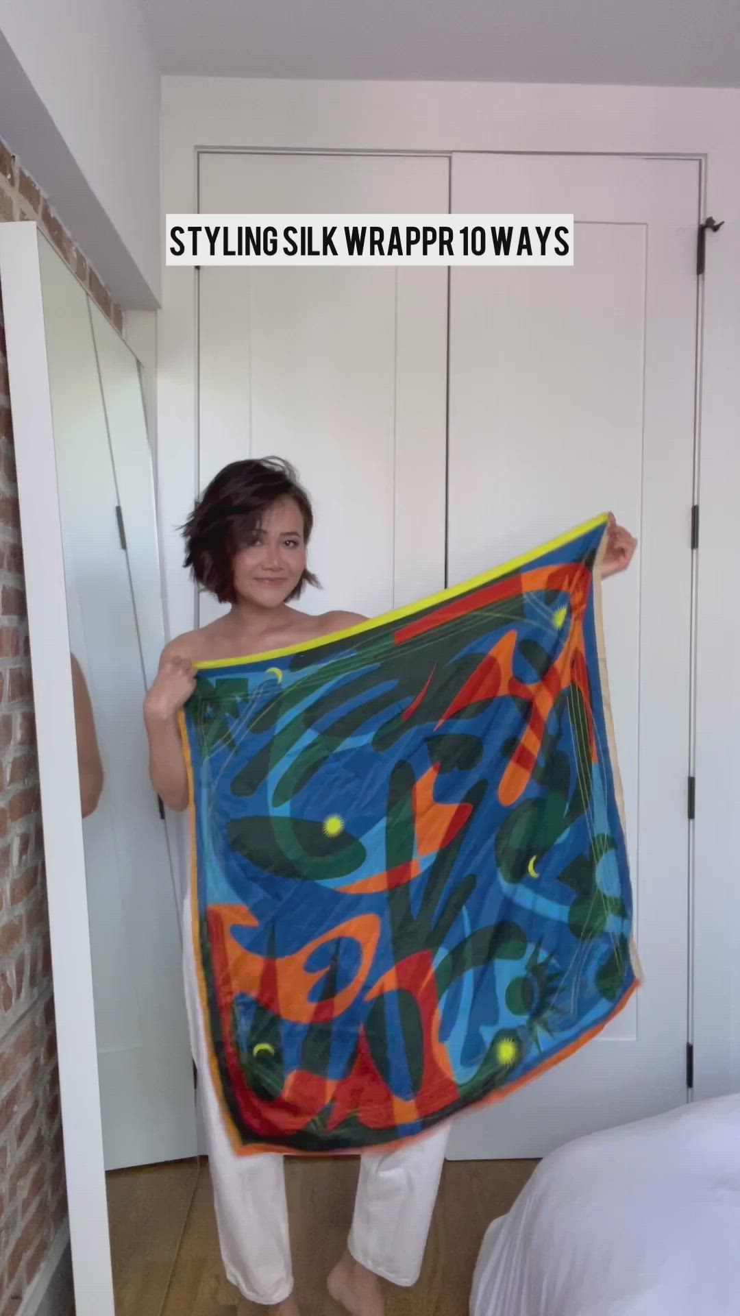 This contains: a woman shows you 10 ways to style your furoshiki wrap