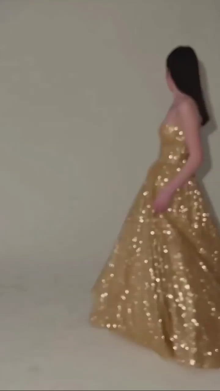 This contains an image of: Glitter Gold Sequined Spaghetti Prom Evening Gown