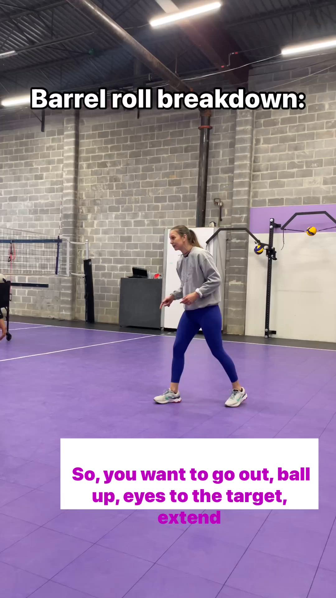 This may contain: a woman is playing tennis in an indoor gym with the caption barrel roll breakdown so you want to go out, ball up, eyes to the target,