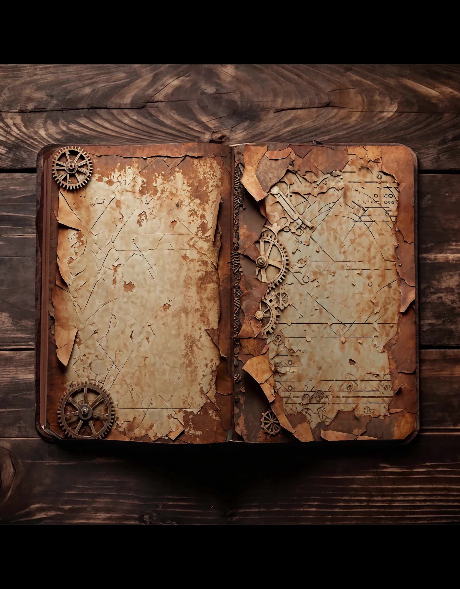 This may contain: an old book with gears on it sitting on top of a wooden table next to a clock