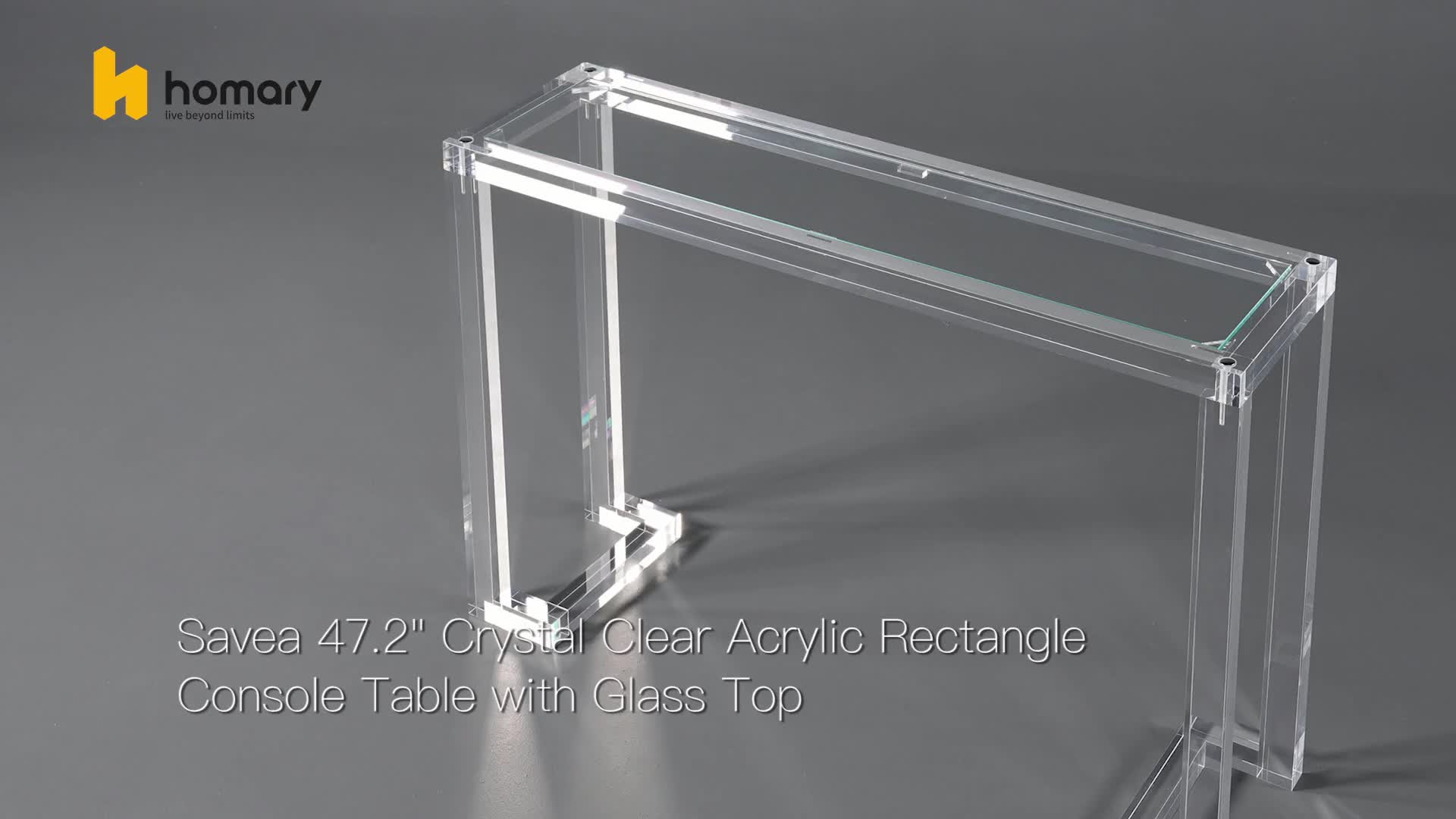 This may contain: clear acrylic rectangle console table with glass top on grey background for display