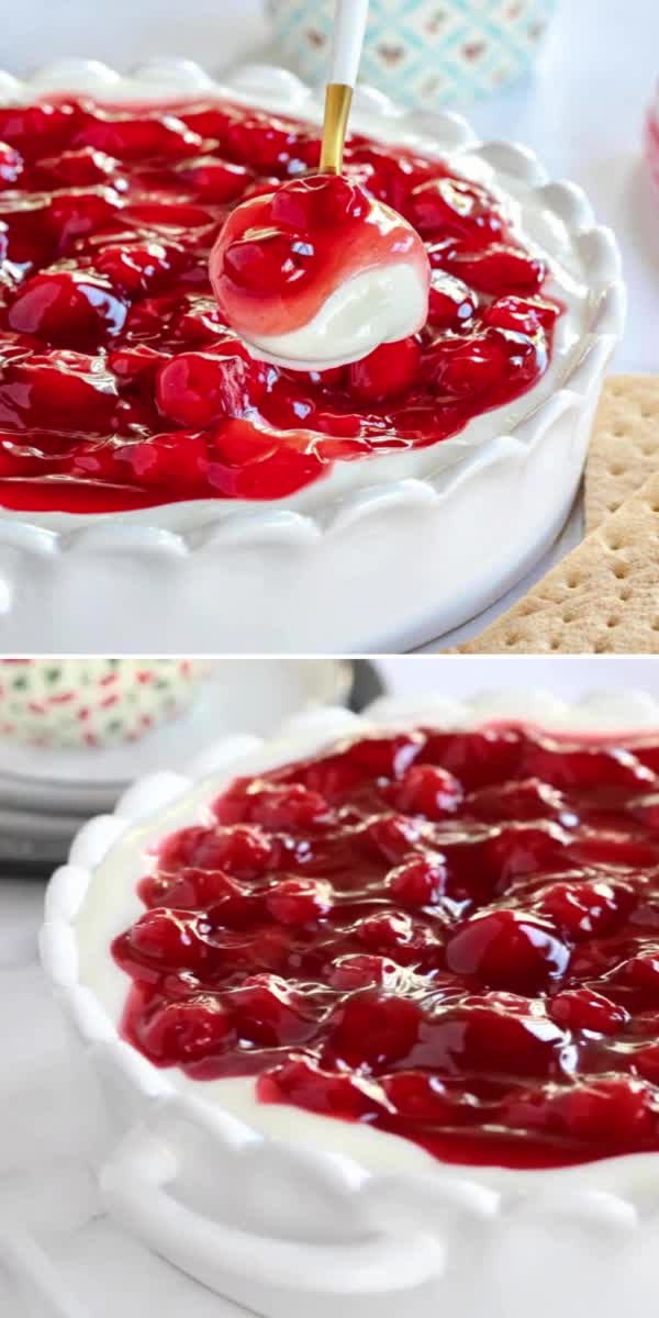 This contains: Level up your dessert selection with Cherry Cheesecake Dip, the best dessert recipe! This no bake sweet treat is easy to make with a no bake cheesecake base, cream cheese, Greek yogurt, and cherry pie filling. Try this make ahead sweet treat today and impress your guests!