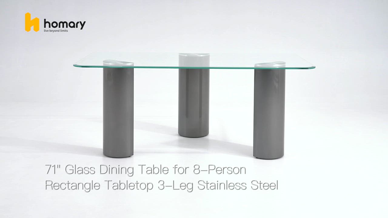 This may contain: a glass dining table for 8 person with metal legs