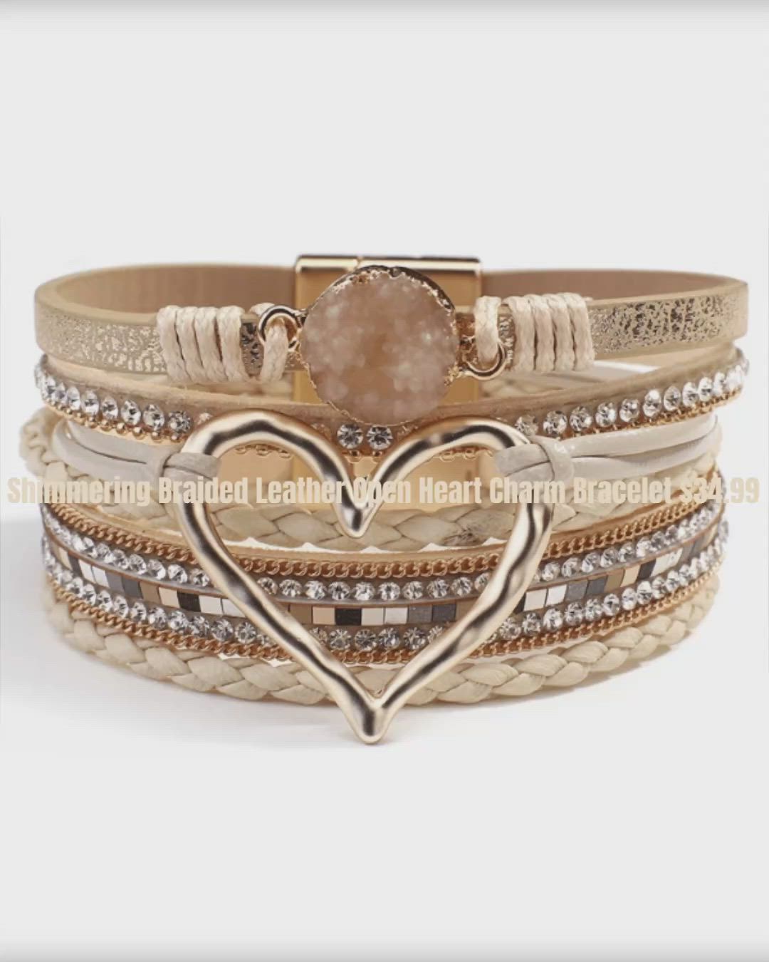 🌟You deserve to Add a Burst of Sparkle to Your Look🌟 Shimmering Braided Leather Open Heart Charm Bracelet 🔥Shop Now🔥