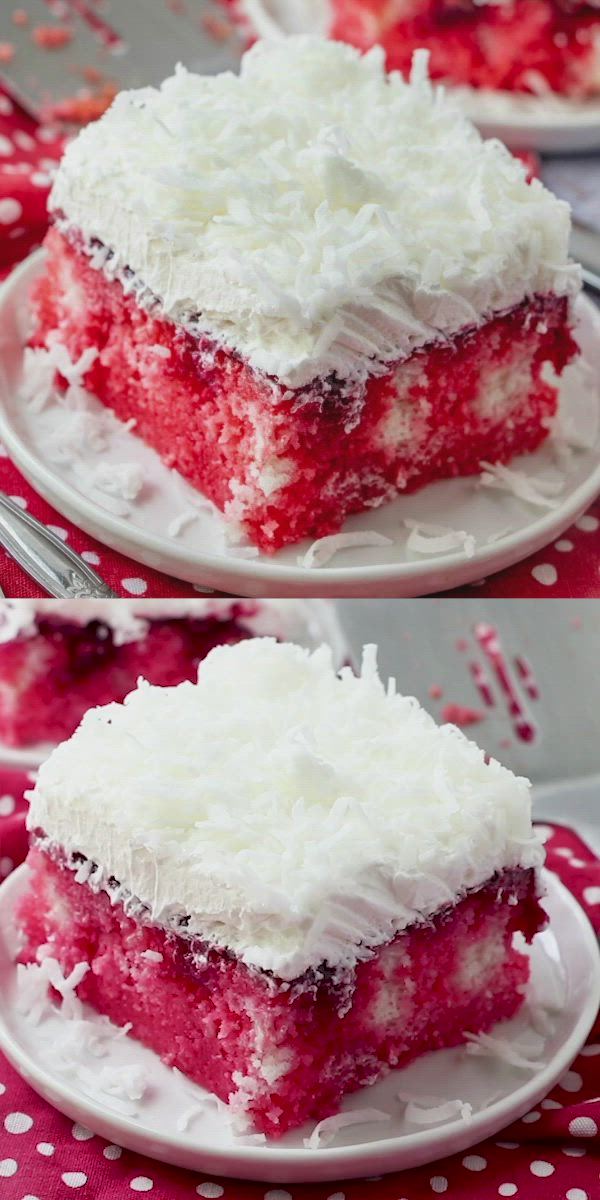 This may contain: red velvet poke cake with white frosting and sprinkles on top, sitting on a plate