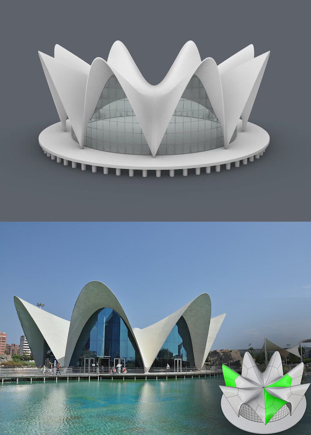 This may contain: two different views of an architectural building and the same one with green leaves on it