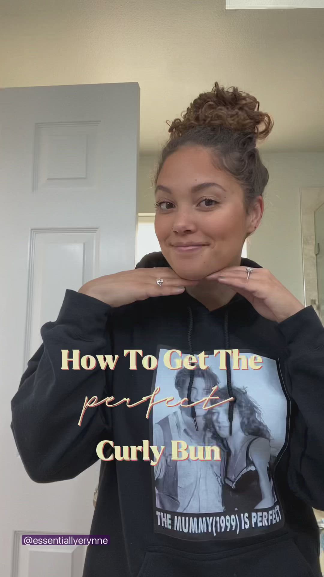 How to get the perfect curly hair bun / curly hair pineapple  • Start with a good elastic hair tie   • Bundle all your hair on top & pull it through once  • On the second pull it through only 2/3 of the way & slowly rotate the bun forward  • Fluff the bun & rearrange the curly front pieces however you like  Good luck!