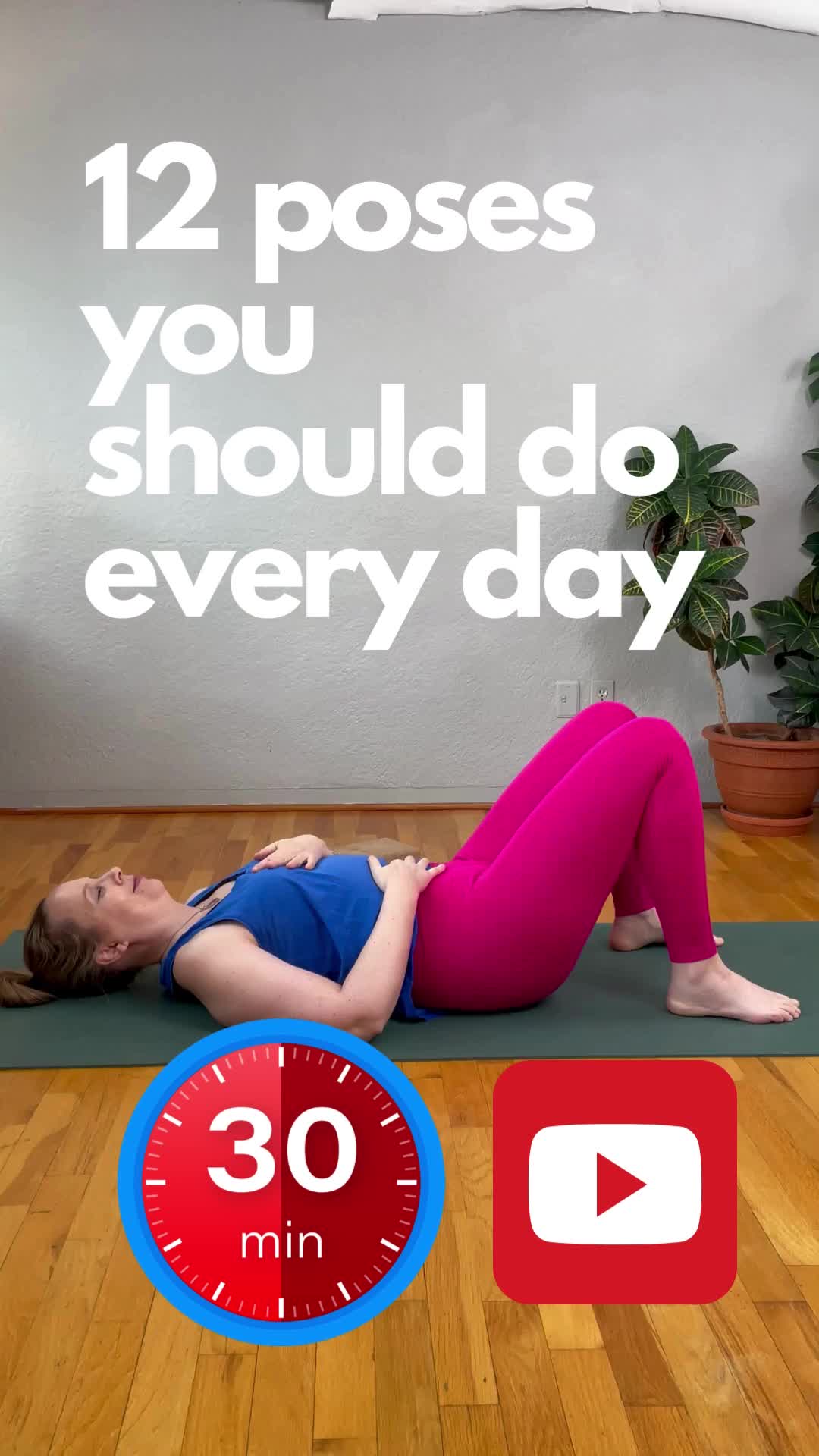 This may contain: a woman is laying on her stomach in the middle of a yoga mat with an alarm clock