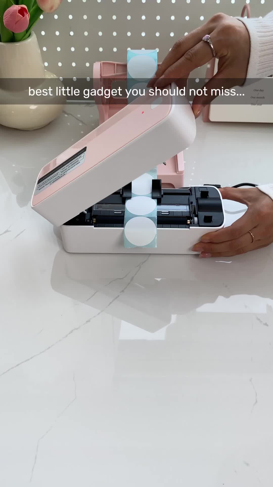 This may contain: a pink and white machine sitting on top of a counter next to a flower pot